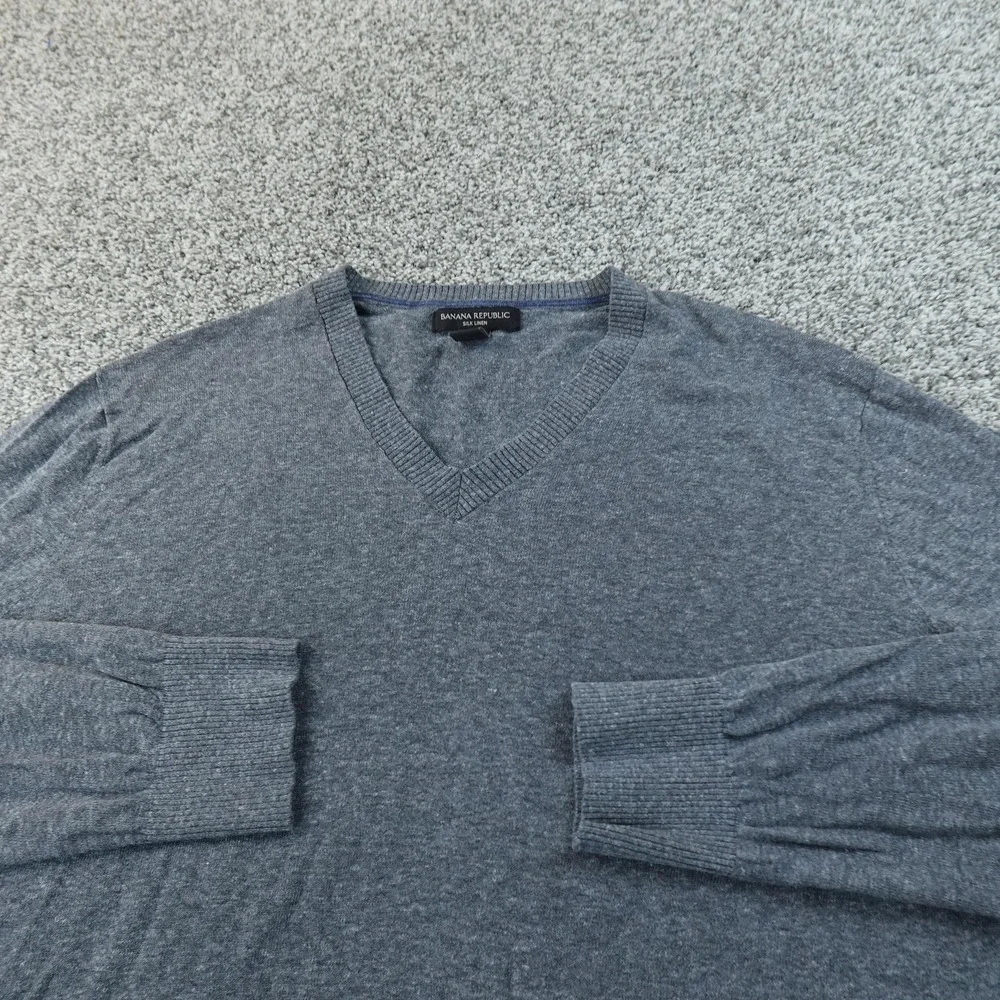 Banana Republic Sweater‎ Mens L Gray Silk Linen V Neck Knit Pullover Lightweight